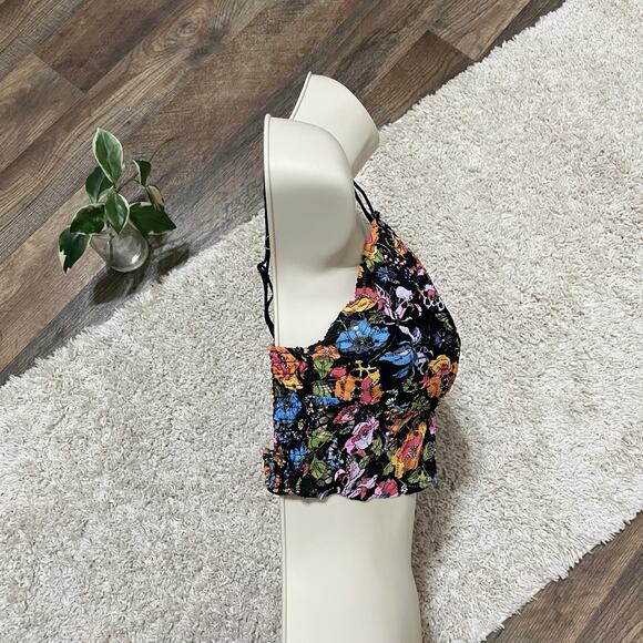 Victoria's Secret PINK Medium Black Vibrant Floral Lace Strappy Smocked Bralette - Picture 3 of 7